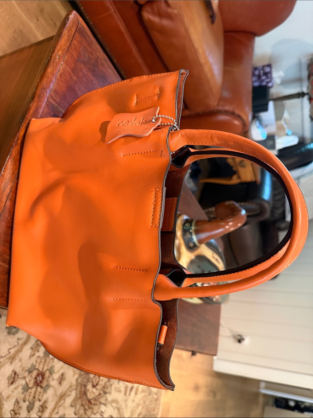 Classic Orange Leather Tote with Top Handles
